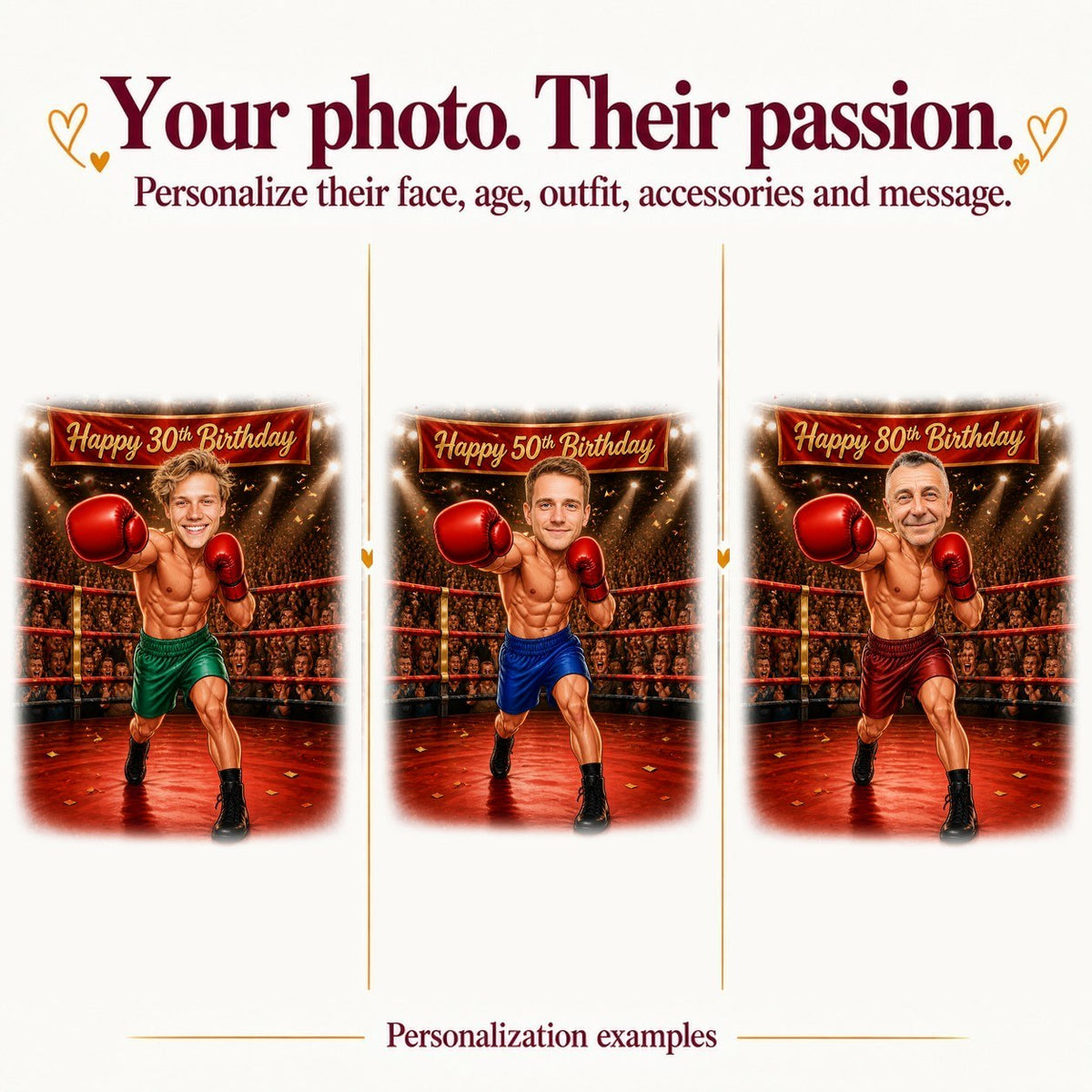 Three boxer caricatures with different faces and ages 30, 50 and 80.