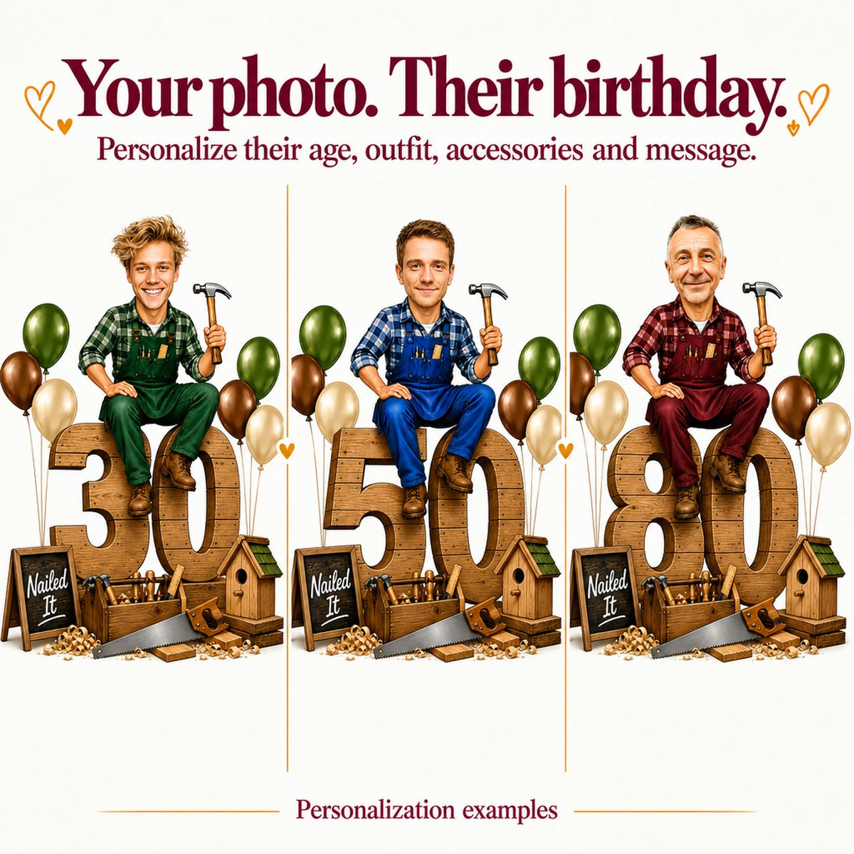Three custom carpenter caricatures with different faces and ages 30, 50 and 80.