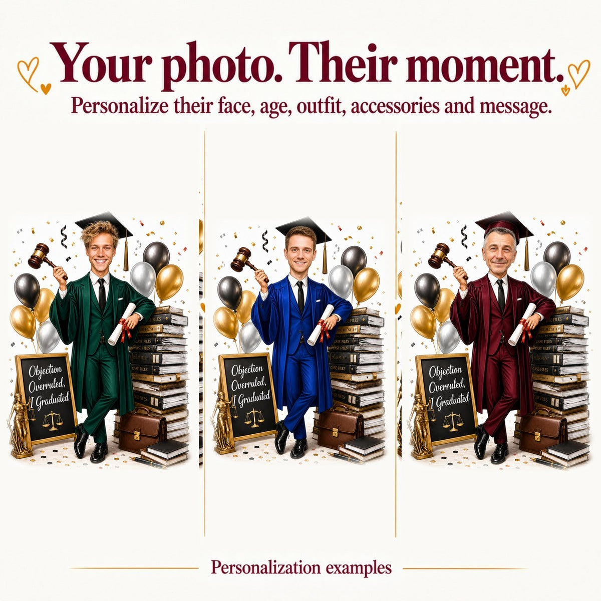 Three personalized versions with different faces and gown colors in the law graduation scene