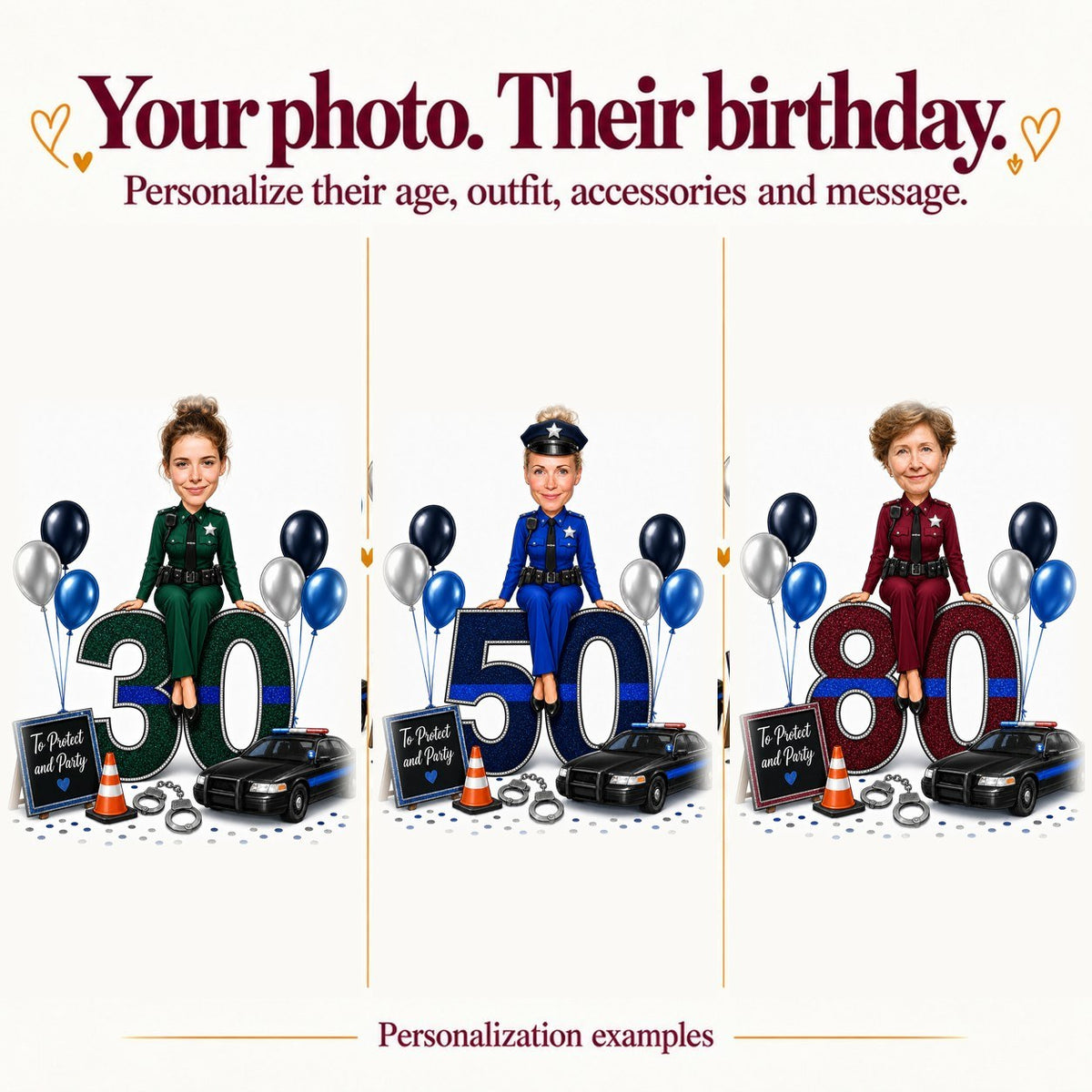 Three police caricatures with different faces and ages 30, 50, and 80.