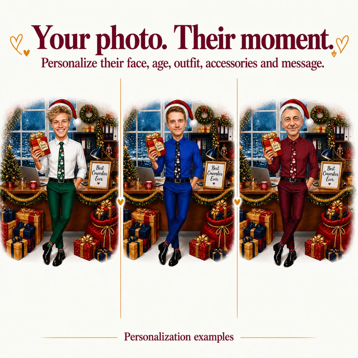 Three versions with different male faces, tie colors, and custom text on frame