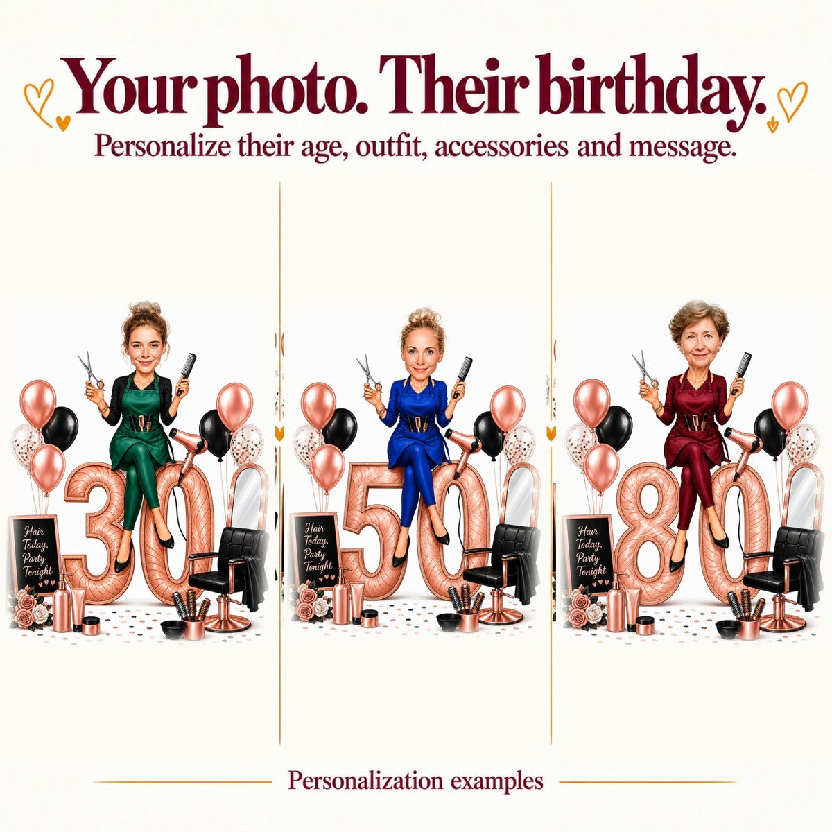 Three examples with different faces and ages 30, 50, and 80 added.