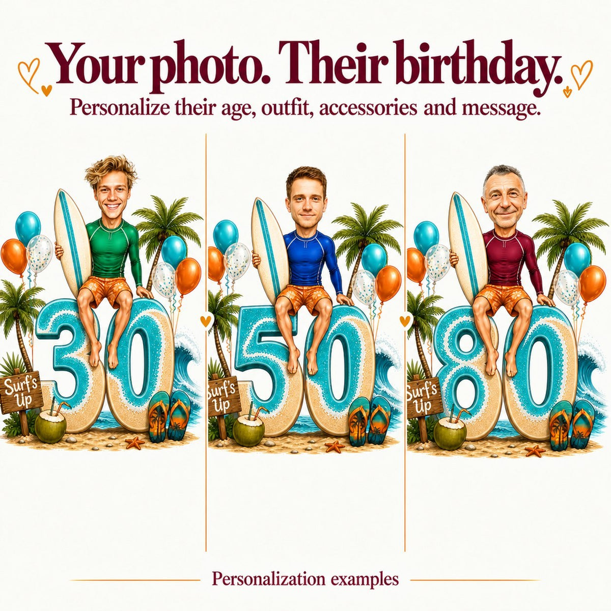 Three surfer caricatures with different faces and ages 30, 50, and 80 shown together.