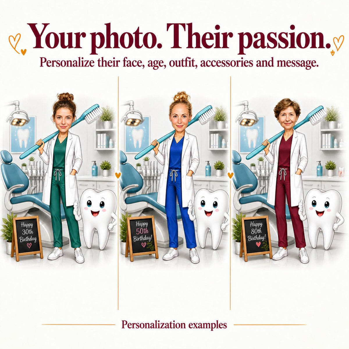 Three personalized dentist caricatures with different faces and scrub colors in clinic.