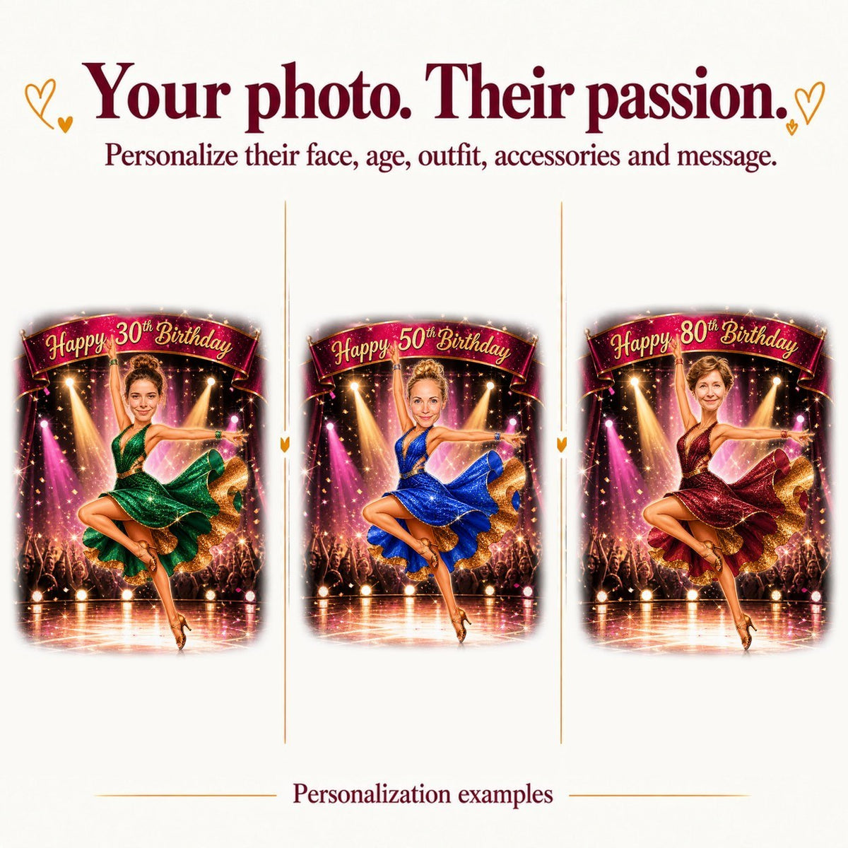 Three personalized dancer caricatures with different faces, ages 30, 50, and 80
