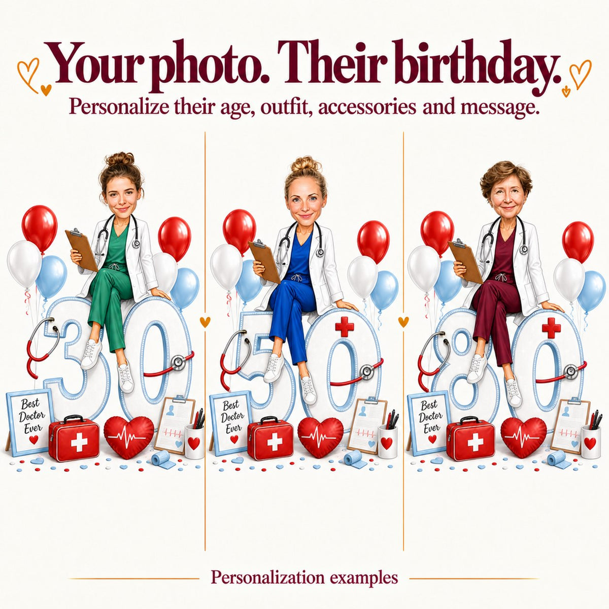 Three personalized doctor cartoons with different faces and ages 30, 50 and 80