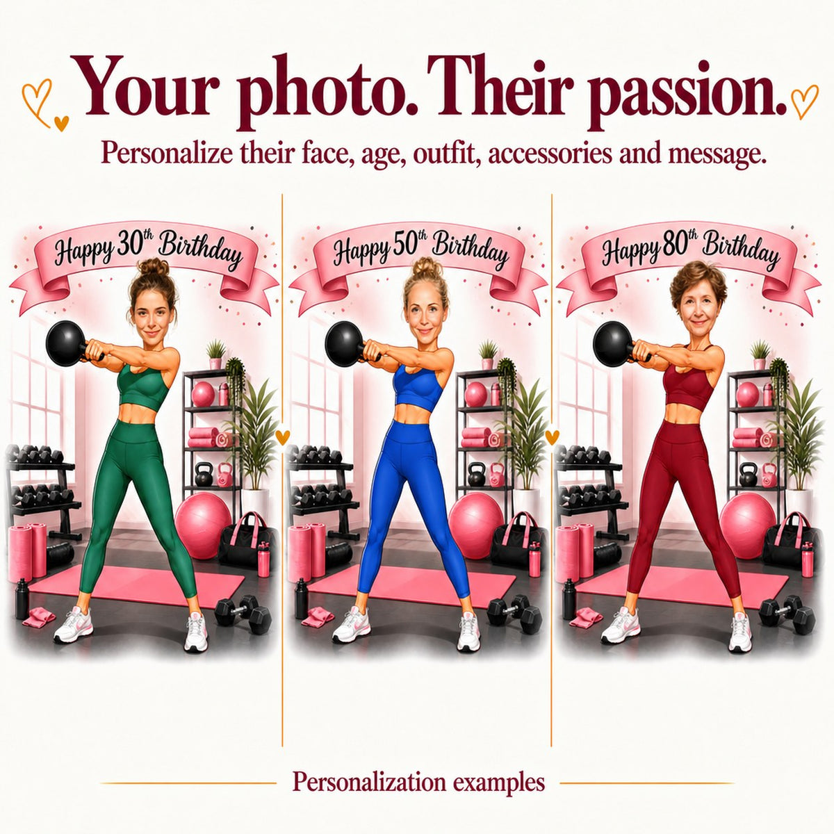 Three personalized gym caricatures with different faces, ages 30, 50, and 80.