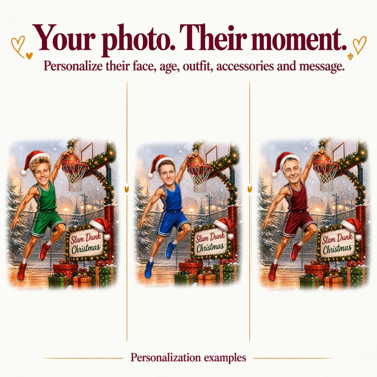 Three personalized basketball Christmas caricatures with different faces and red, green, or blue uniforms.