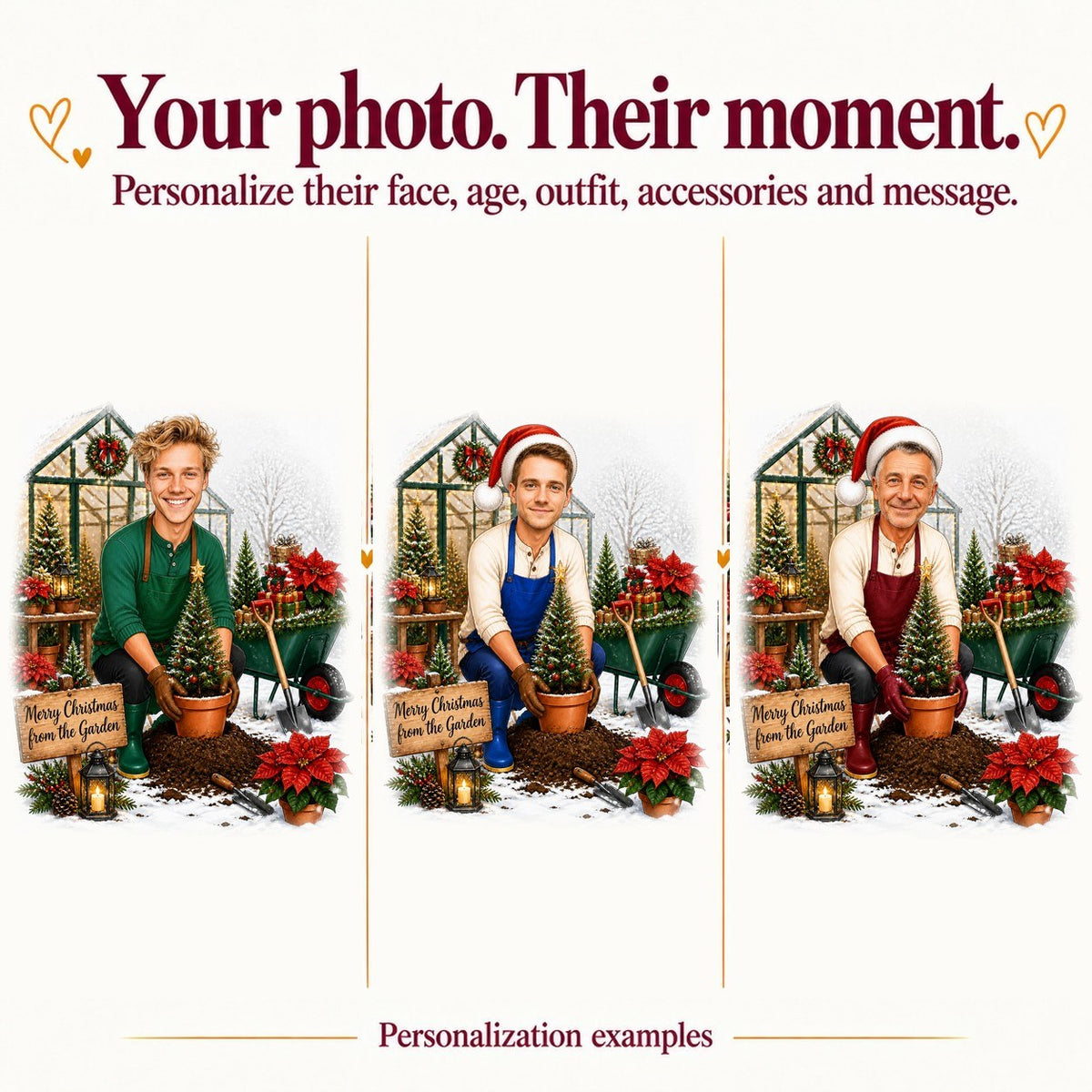 Three personalized gardeners with different faces and apron colors in Christmas greenhouse.