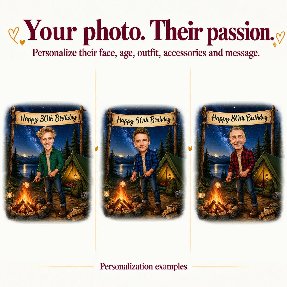 Three camping caricatures with different male faces and ages 30, 50 and 80.