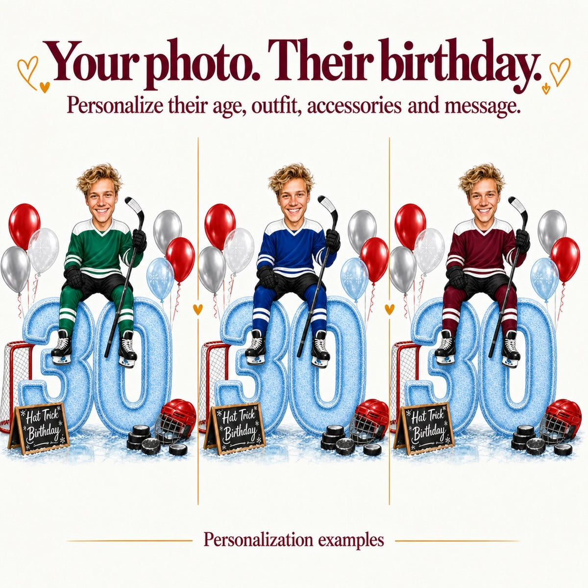Three hockey caricatures with different faces and ages 30, 50, 80.