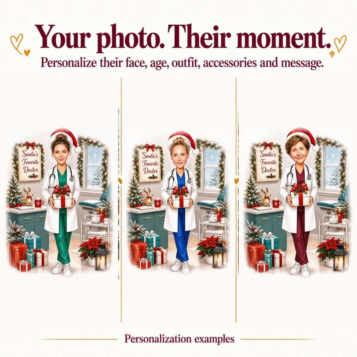 Three personalized versions with different faces and scrub colors: teal, red, and navy.