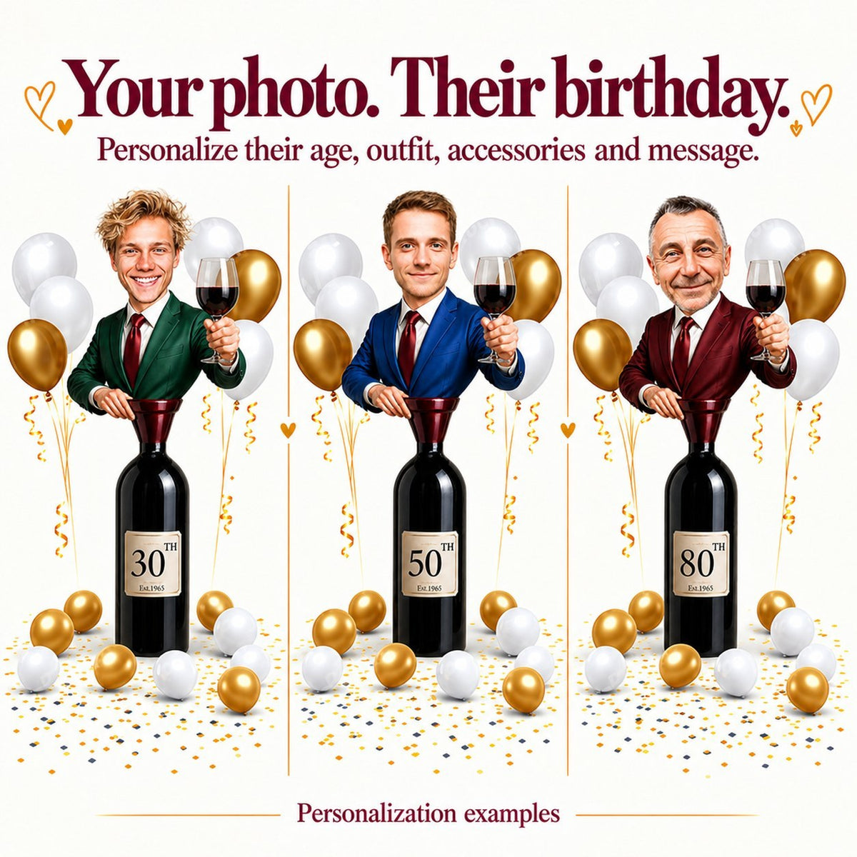 Three personalized wine caricatures with different male faces, ages 30, 50, and 80.