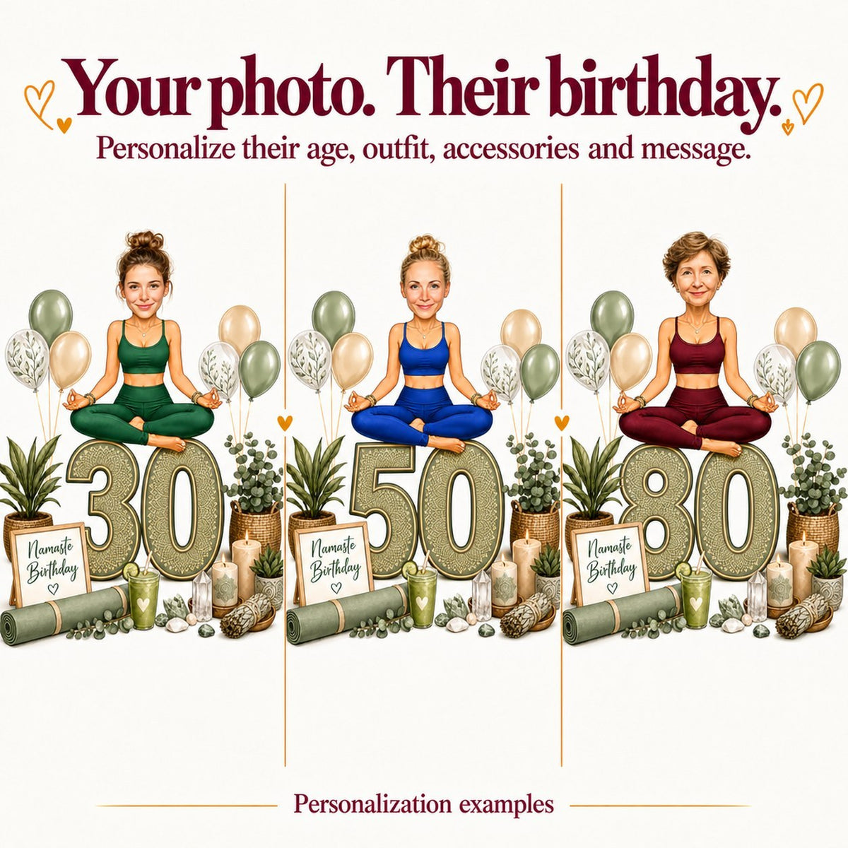 Three yoga caricatures with different faces sitting on ages 30, 50, and 80.