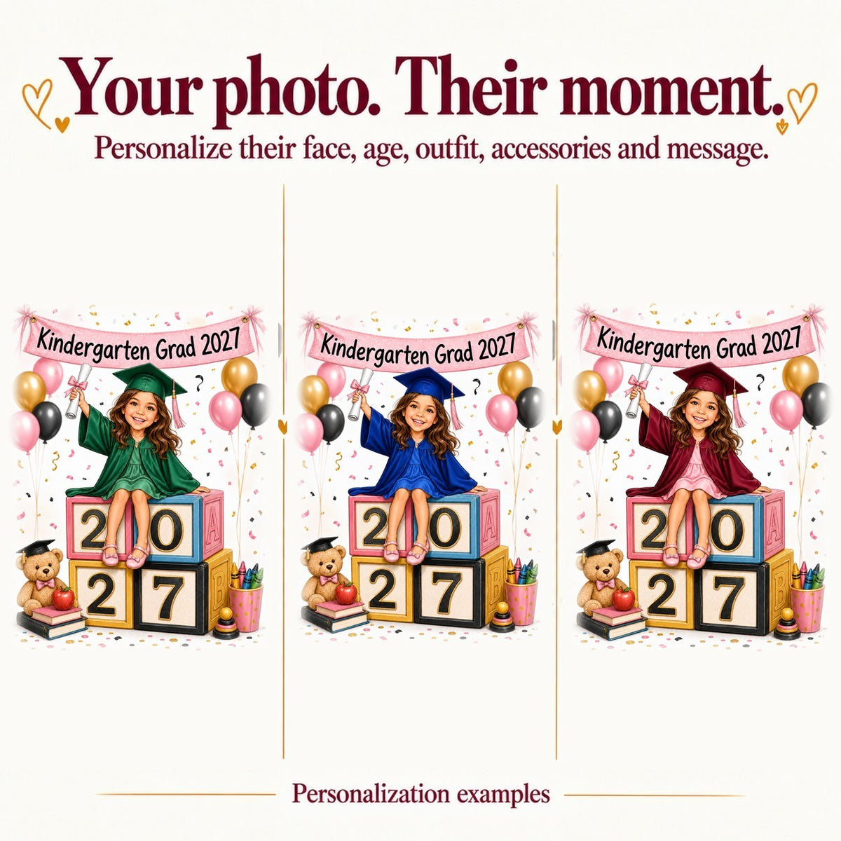 Three personalized versions with different faces, dress colors, and banner year text.