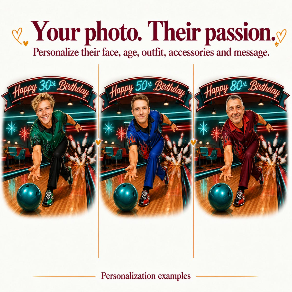 Three personalized bowling caricatures with ages 30, 50 and 80, different faces and colors.