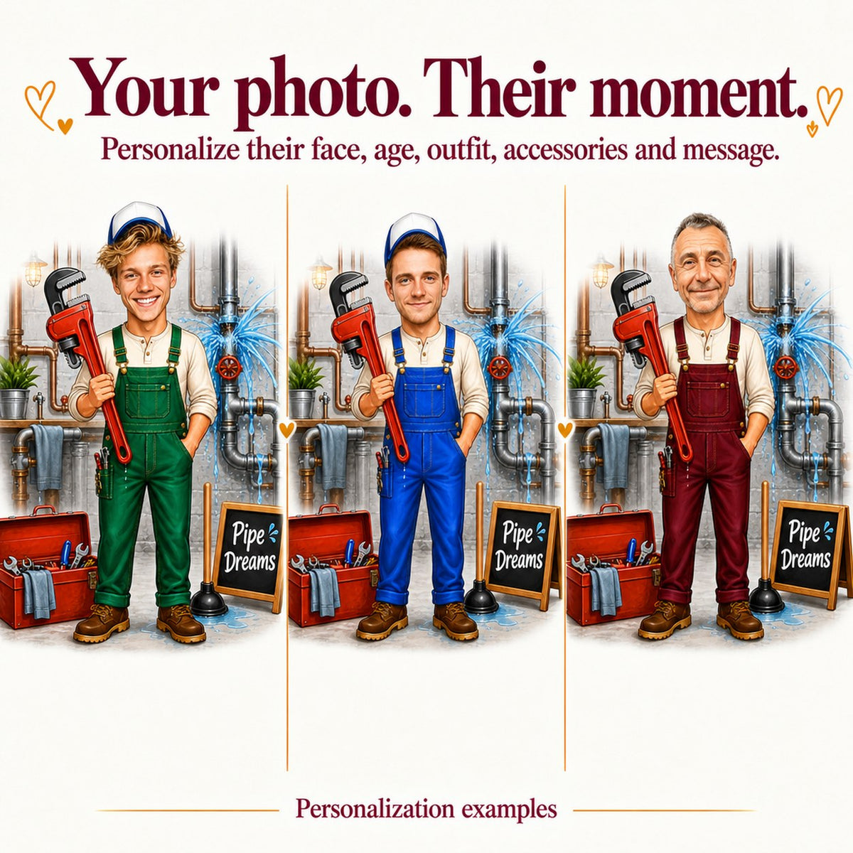 Three personalized plumbers with different faces, blue or gray overalls, varied cap colors.