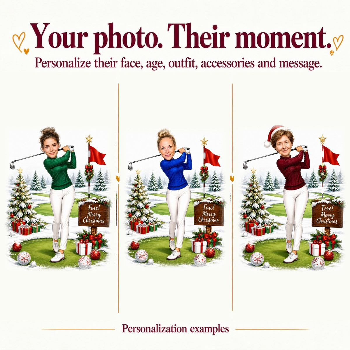 Three examples with different female faces and sweater colors on snowy golf green.