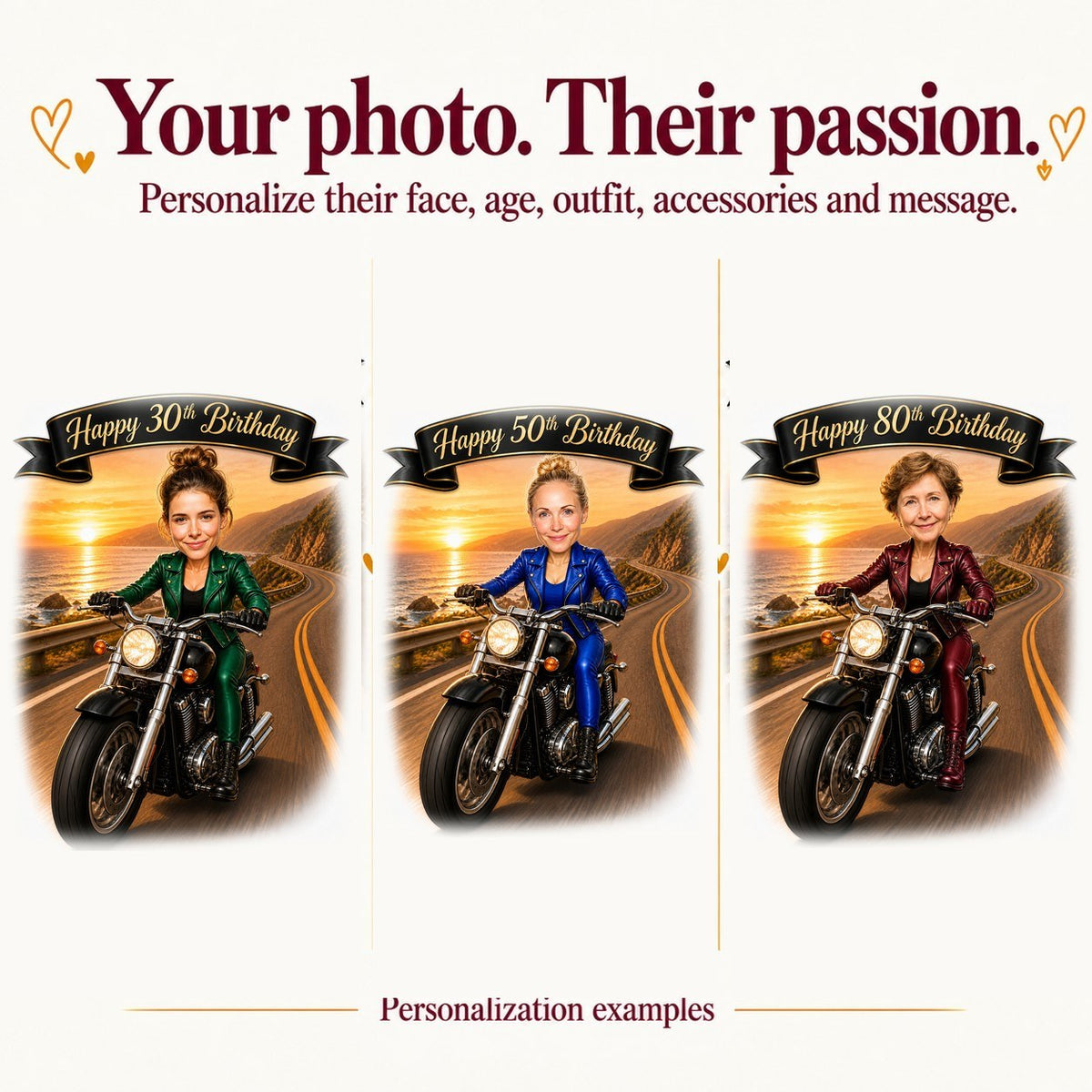 Three personalized motorcycle birthday caricatures with different faces and ages 30, 50 and 80