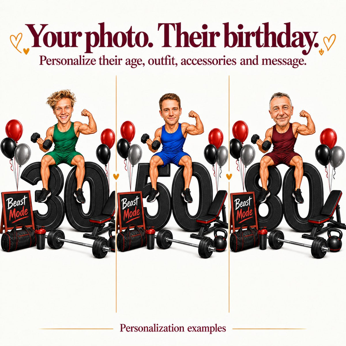 Three customized gym caricatures with different faces and ages 30, 50, and 80.