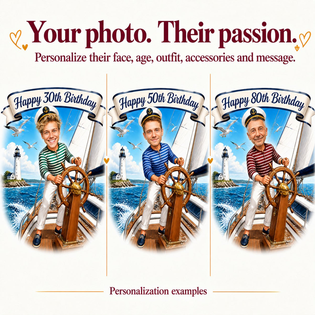 Three sailing caricatures with different male faces and banners: Happy 30th, 50th, 80th.