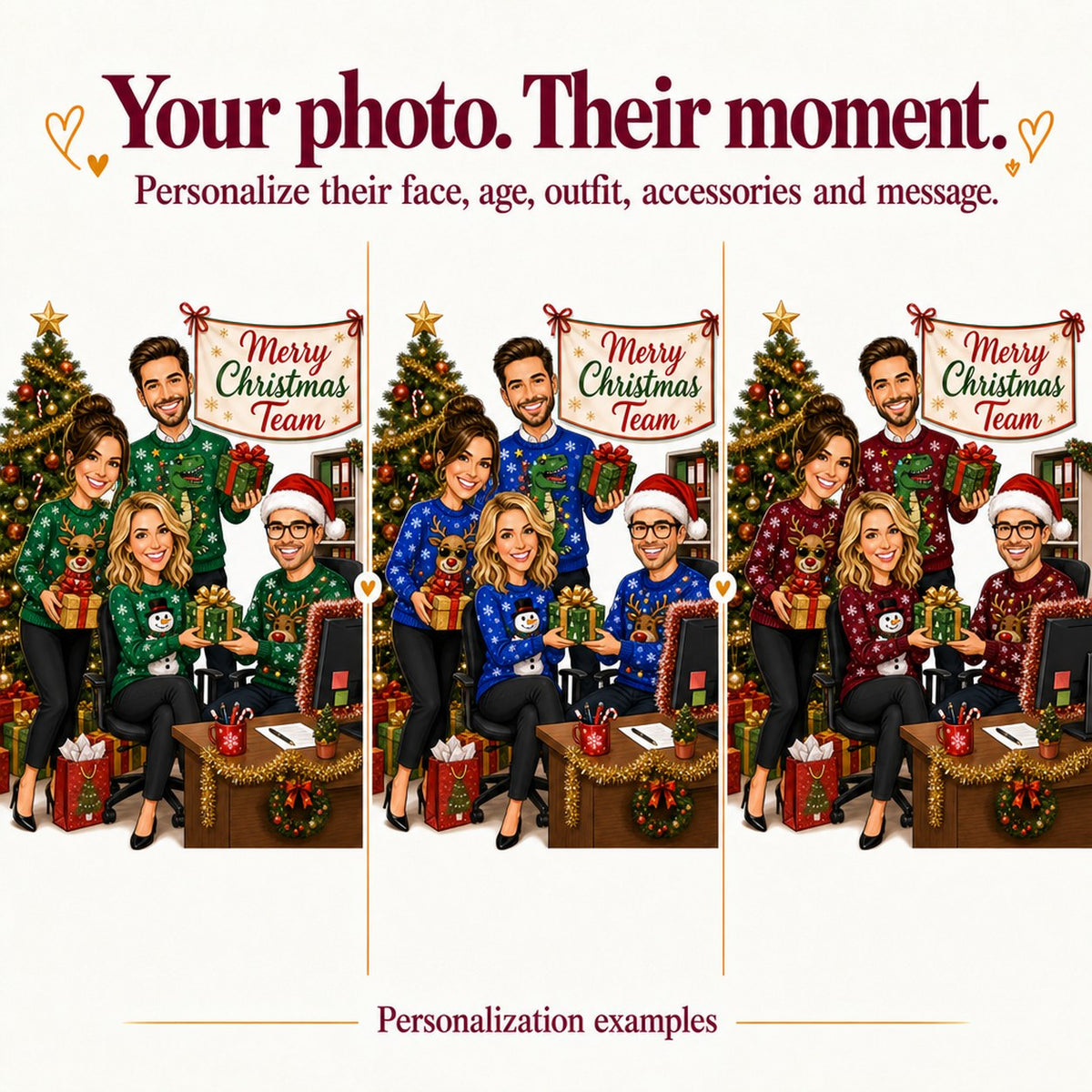 Three team caricatures with different faces and sweater colors in the office Christmas scene
