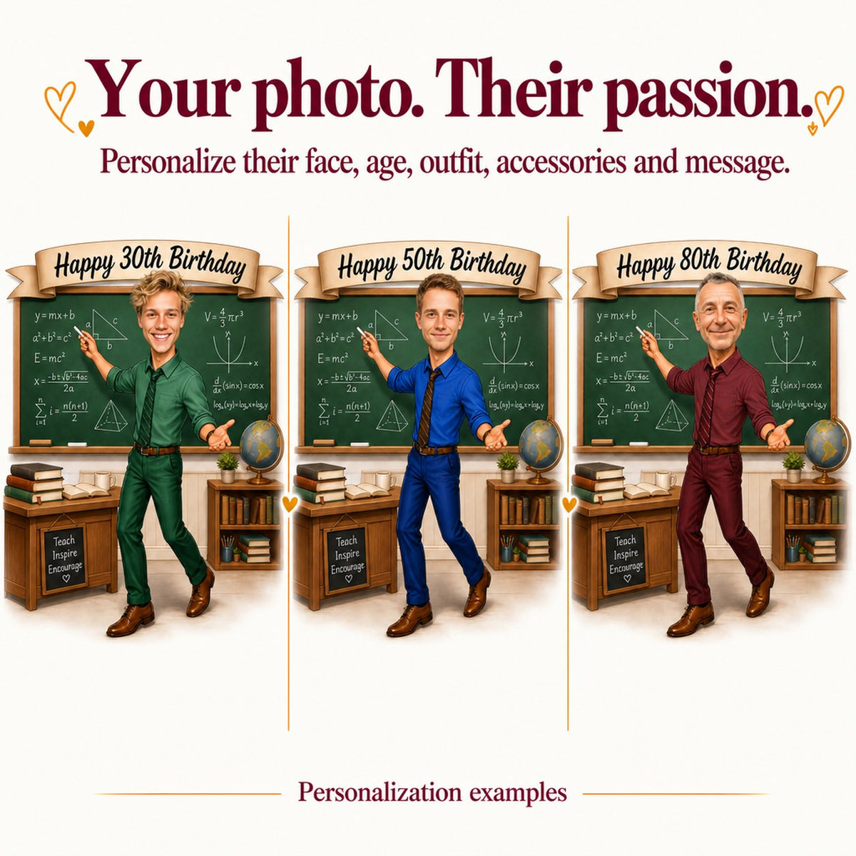 Three personalized teacher caricatures with different faces and ages 30, 50, 80