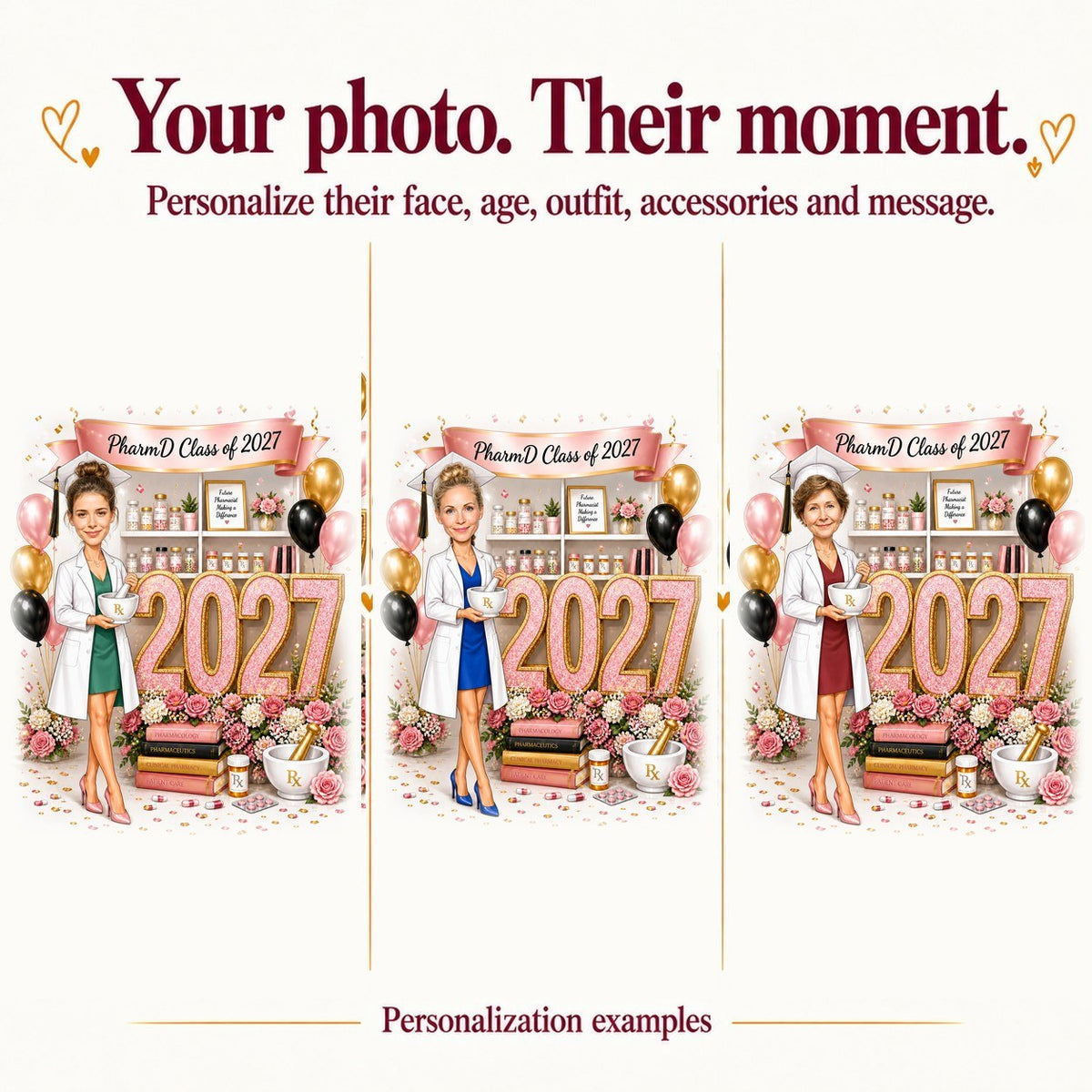 Three personalized versions with different faces, coat colors, and updated banner year text.