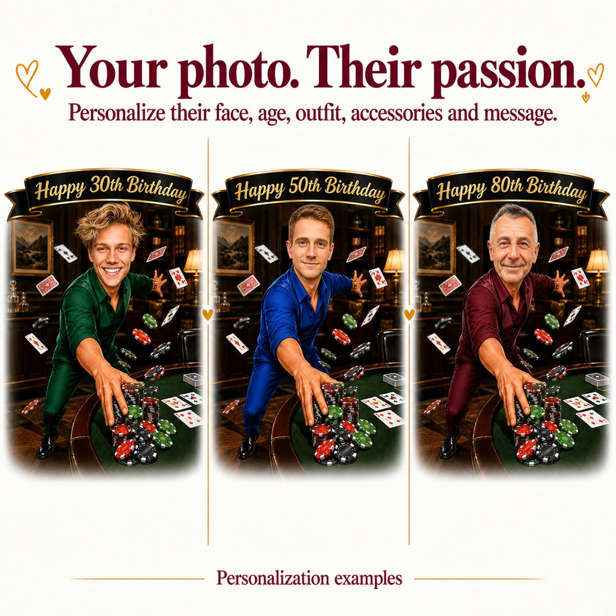 Three personalized poker caricatures with different faces and ages 30, 50, 80
