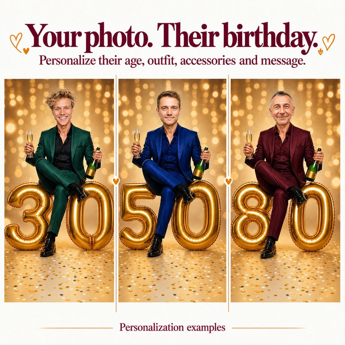 Three versions with different faces sitting on ages 30, 50, and 80 gold balloons.