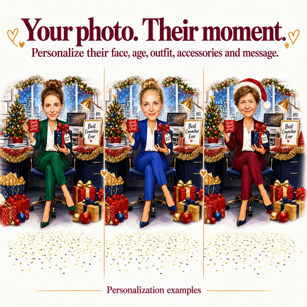 Three personalized coworkers with different faces, suit colors, and background tinsel variations.