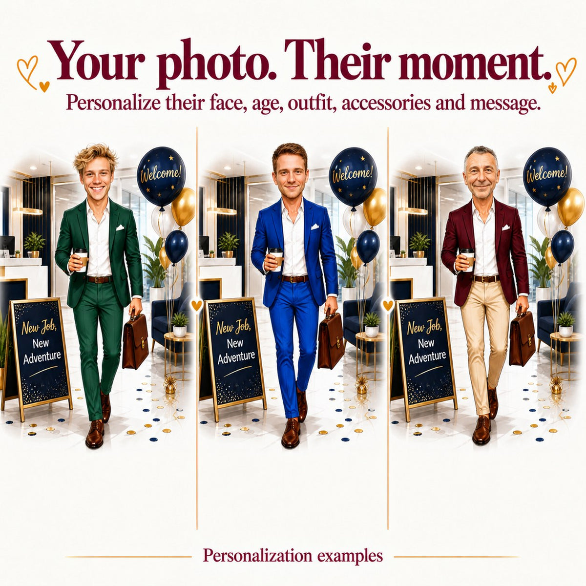 Three versions with different male faces, navy or gray blazers, varied skin tones.