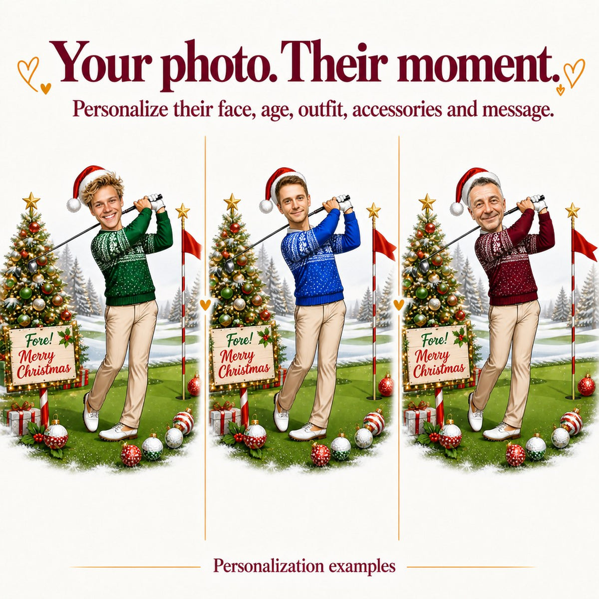 Three personalized versions with different faces, skin tones and sweater colors on Christmas golf caricature