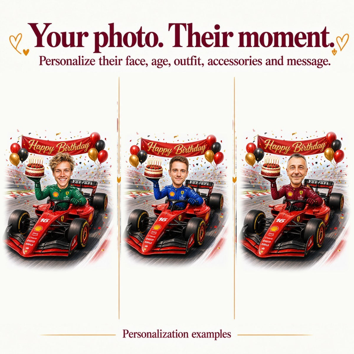 Three personalized racers with different faces and suit colors, red, black, and blue variations.