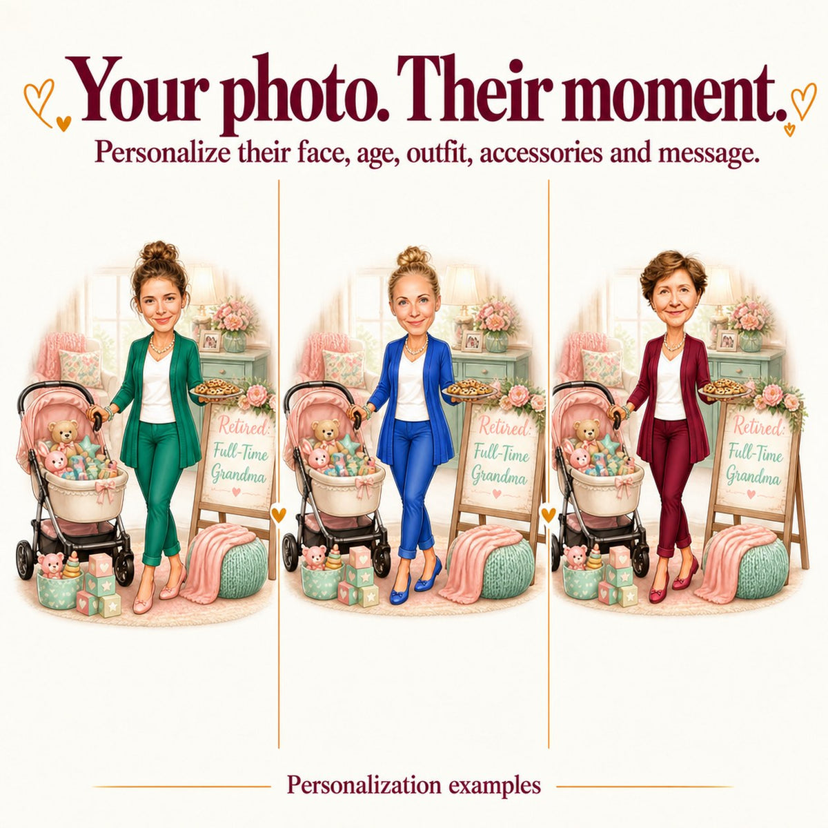 Three personalized versions with different faces and outfit colors in pink, mint, and lavender.