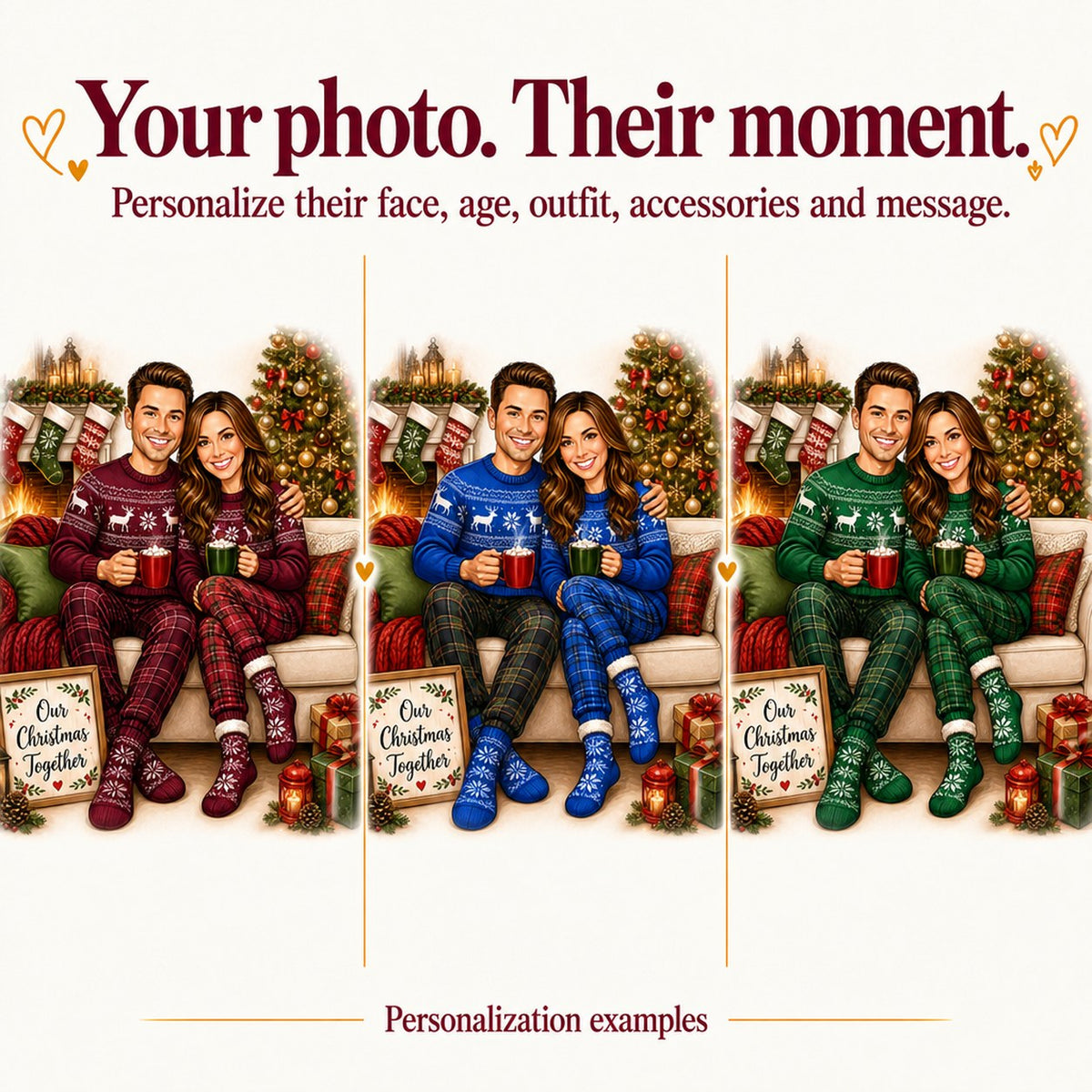 Three personalized versions with different faces, sweater colors, and mug choices.