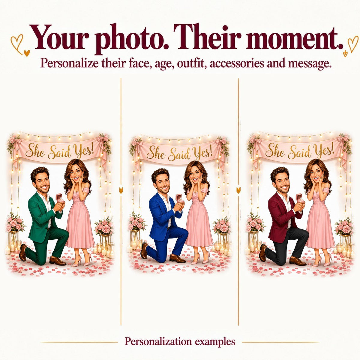 Three proposal scenes with different faces and suit colors under the She Said Yes banner