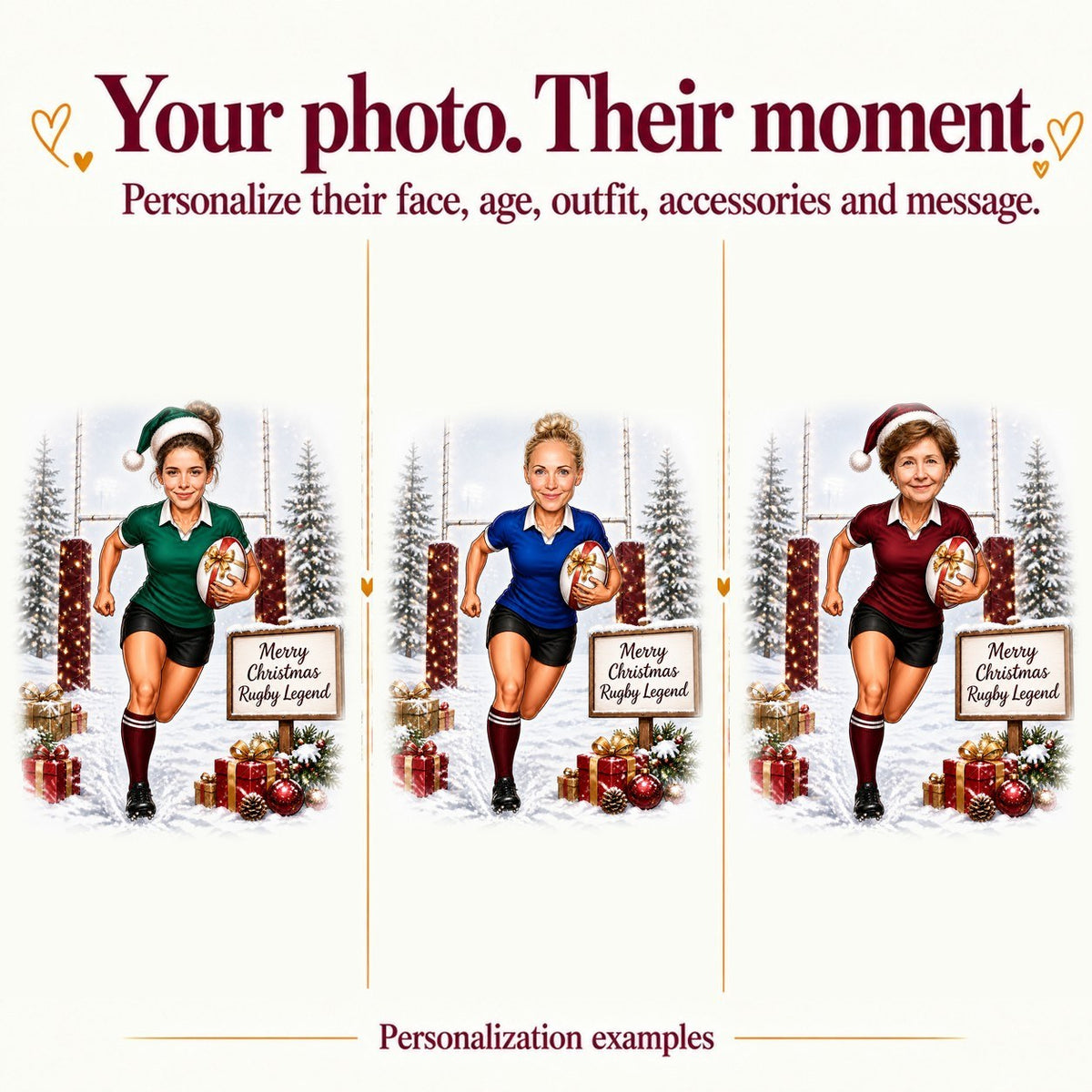 Three personalized versions with different faces and jersey colors, festive rugby ball.