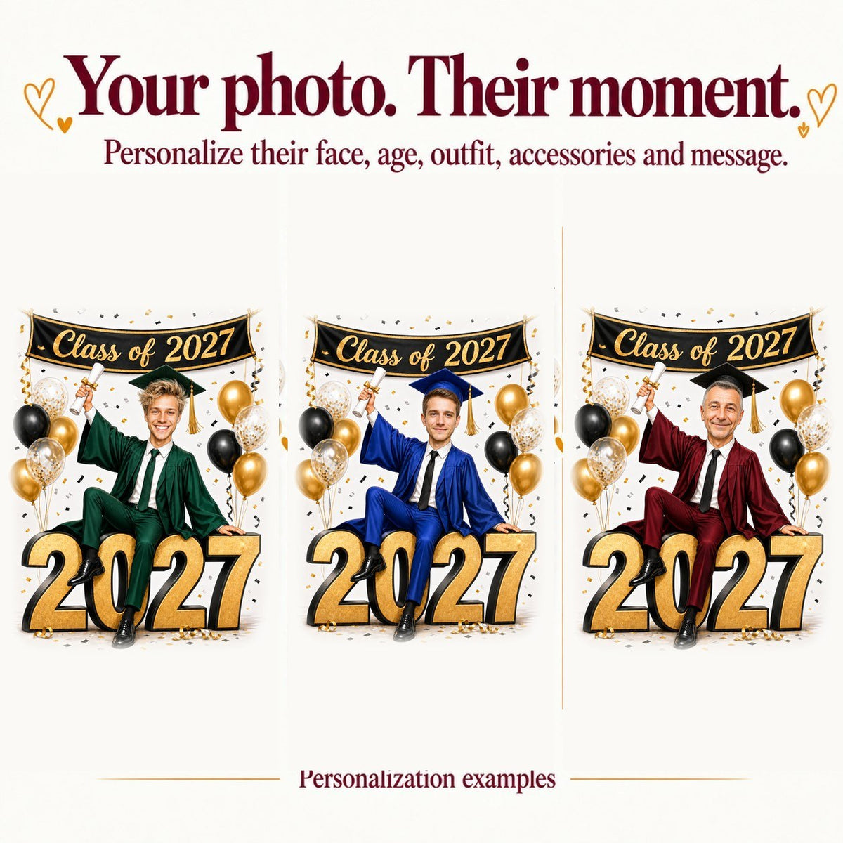 Three male graduates with different faces and gown colors in the same scene.