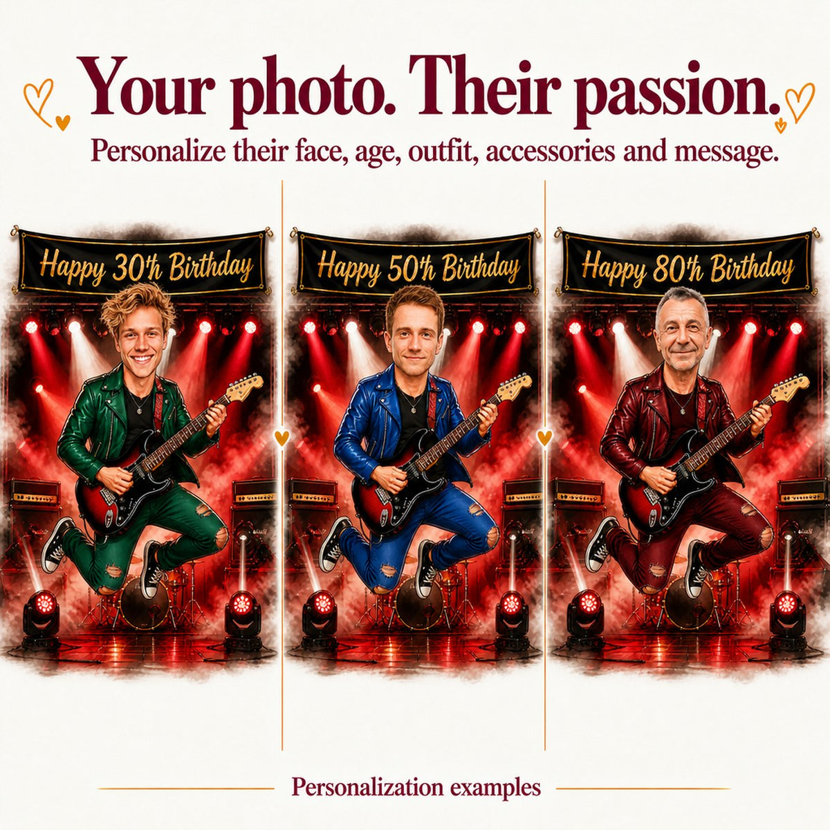 Three personalized guitarist caricatures with different faces aged 30, 50, and 80.