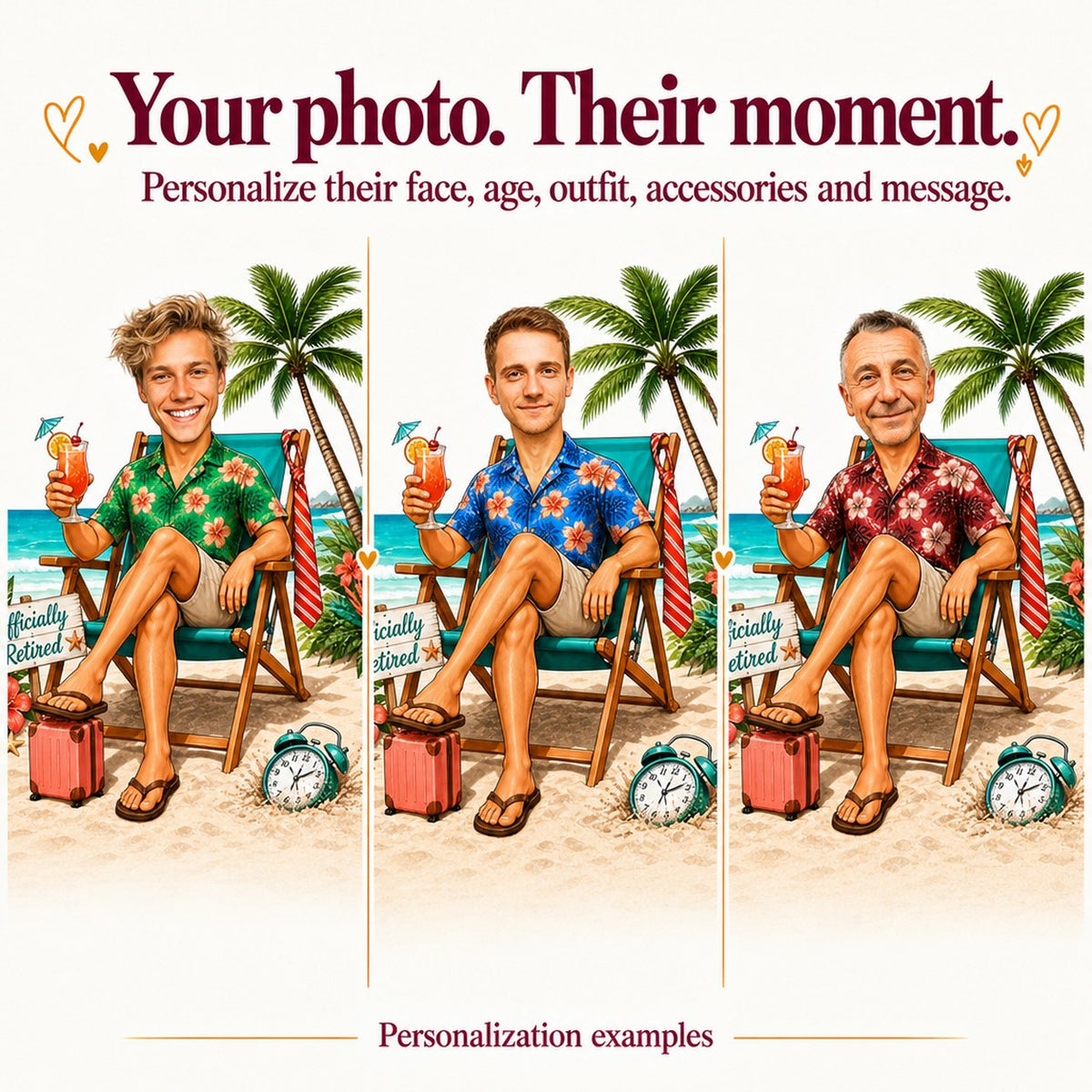 Three examples featuring different faces and shirt colors: teal, red, and navy.