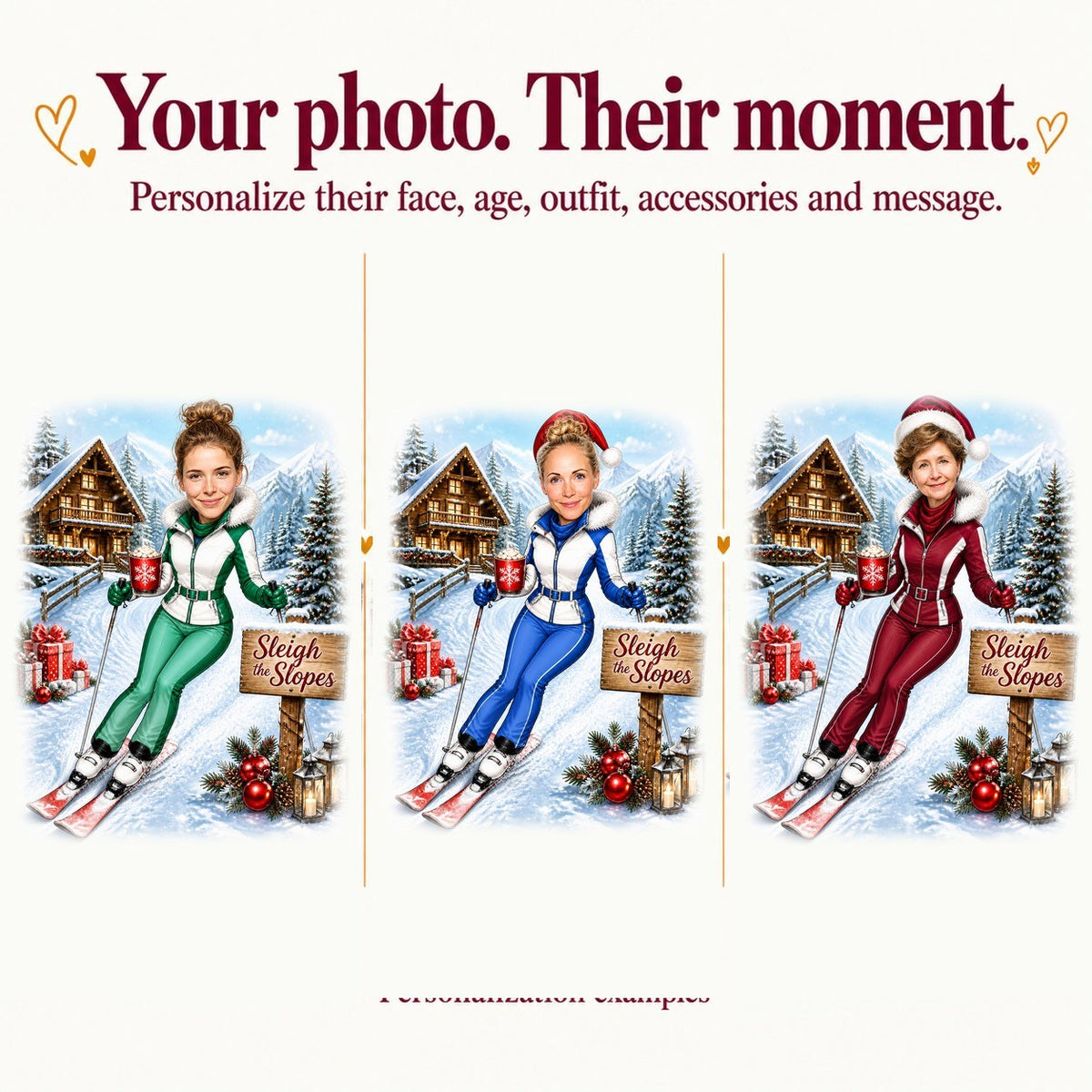 Three personalized ski Christmas caricatures with different faces and outfit colors, red, blue, and green.