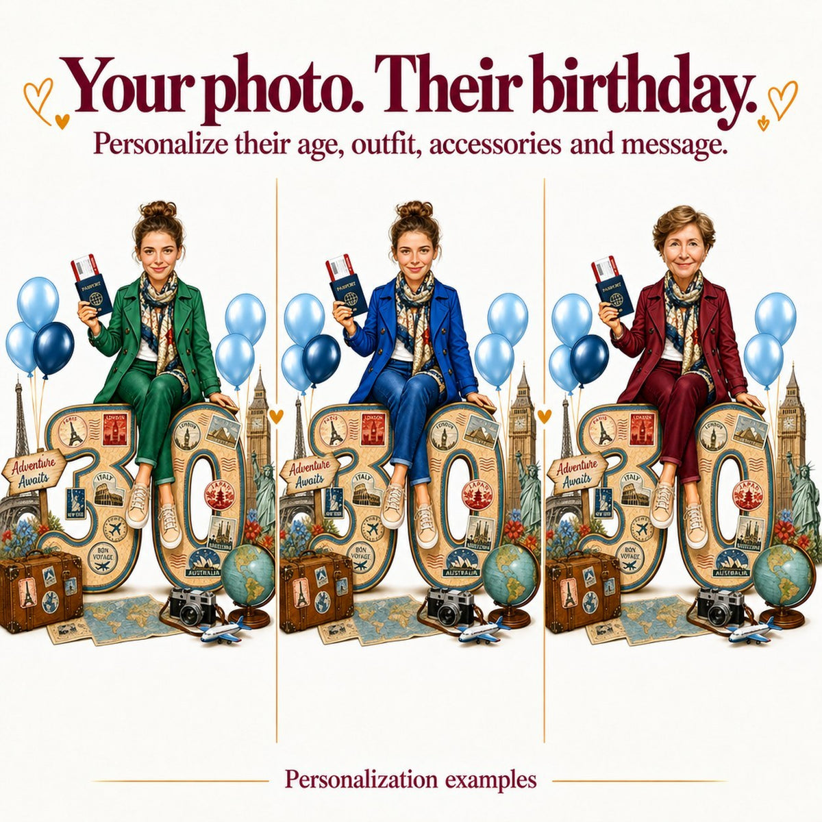Three versions with different faces and ages 30, 50 and 80