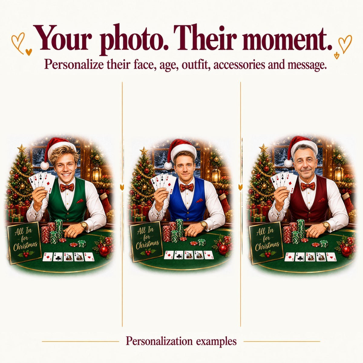 Three personalized poker Christmas caricatures with different male faces, vest colors, and bow ties.