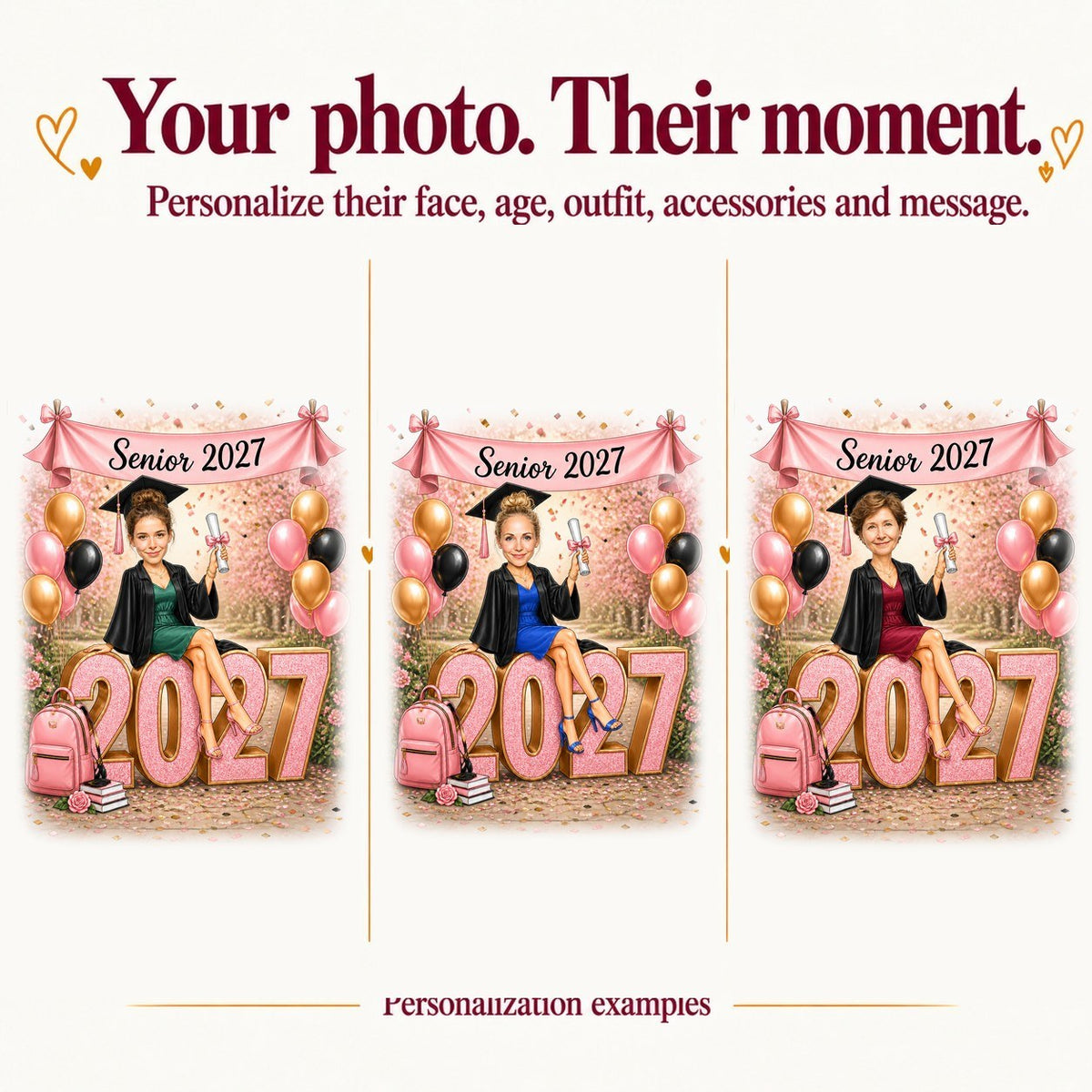 Three versions with different women’s faces, varied skin tones, and custom gown and banner colors.