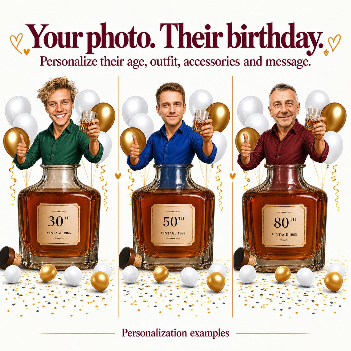 Three whiskey caricatures with different faces and ages 30, 50 and 80.