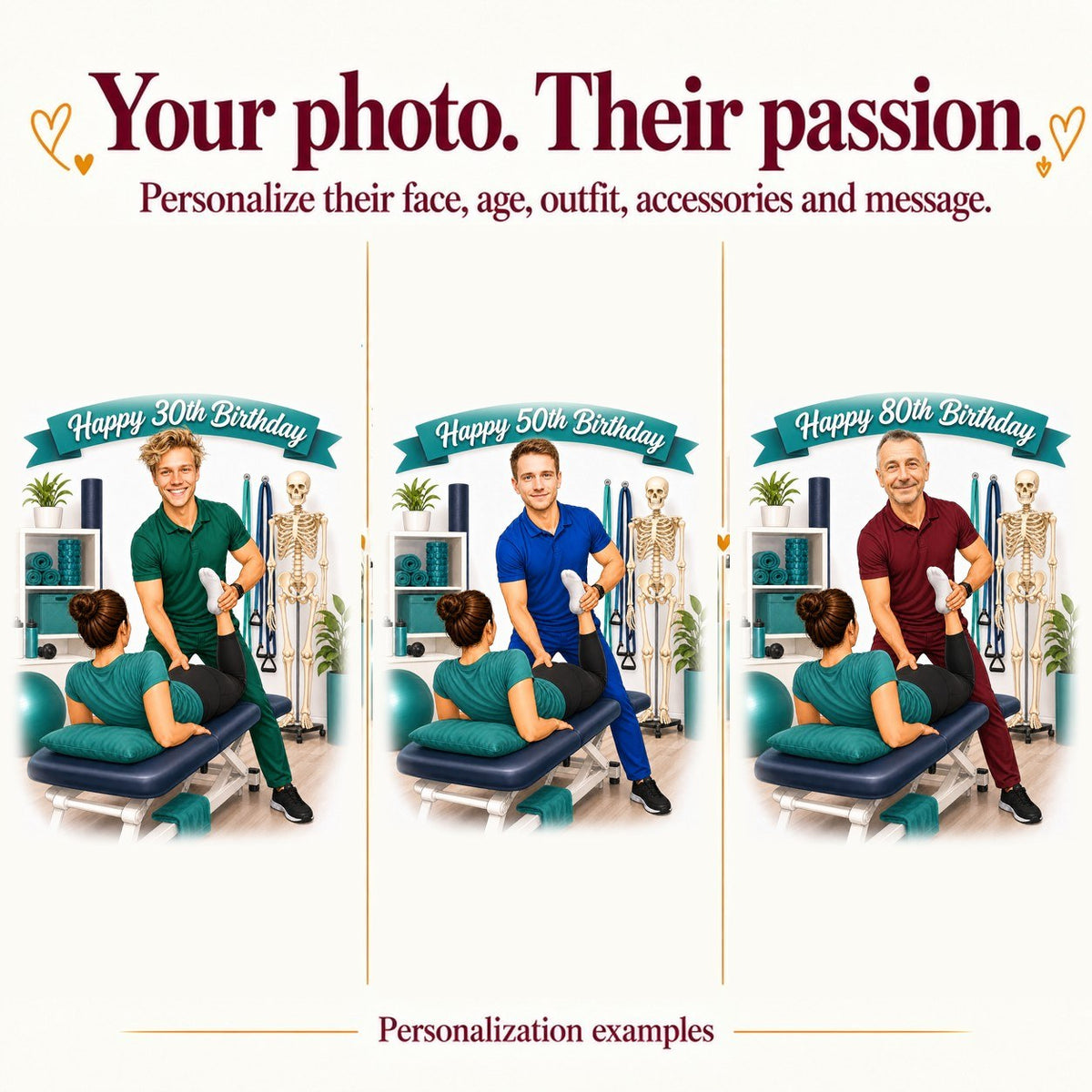 Three personalized PT caricatures with different male faces and ages 30, 50, and 80.