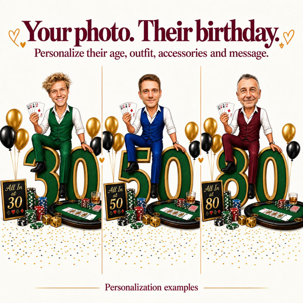 Three poker caricatures with different male faces and giant ages 30, 50, and 80.