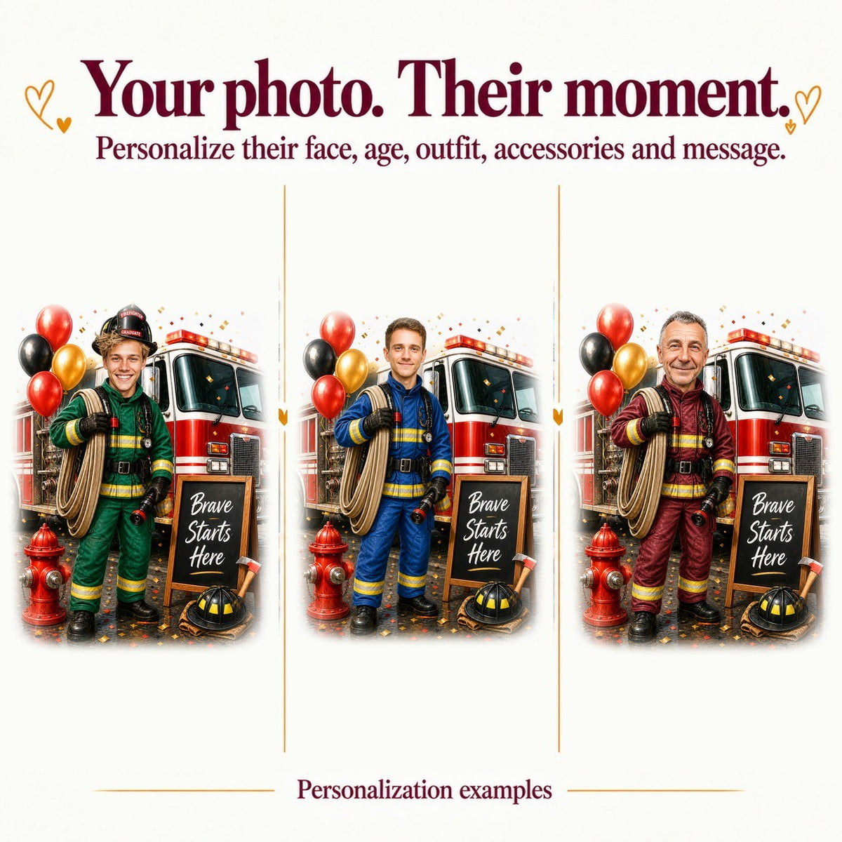 Three firefighter graduates with different faces, helmet labels, and uniform color accents.
