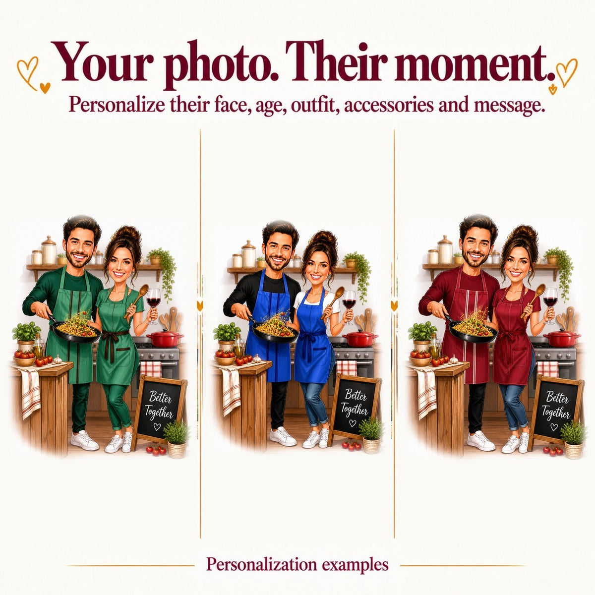 Three cooking couple caricatures with different faces, apron colors, and kitchen accessories.